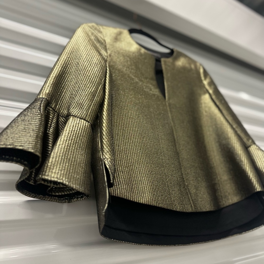 BCBG Gold Bell Sleeve Blouse with Mandarin Collar